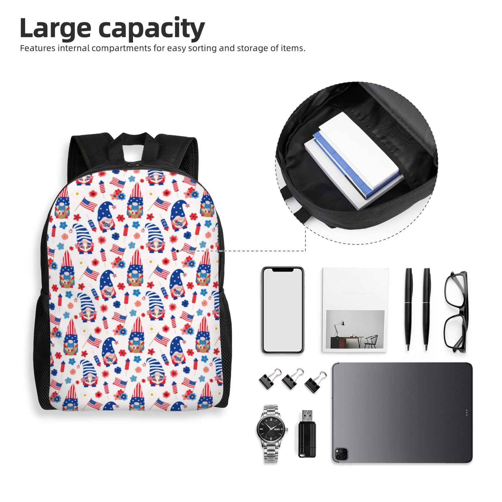 Xecao 4th Of July Print School Backpack with Laptop Compartment Small Travel Laptop Backpack for Women Men Waterproof College Backpack Simple School Bag
