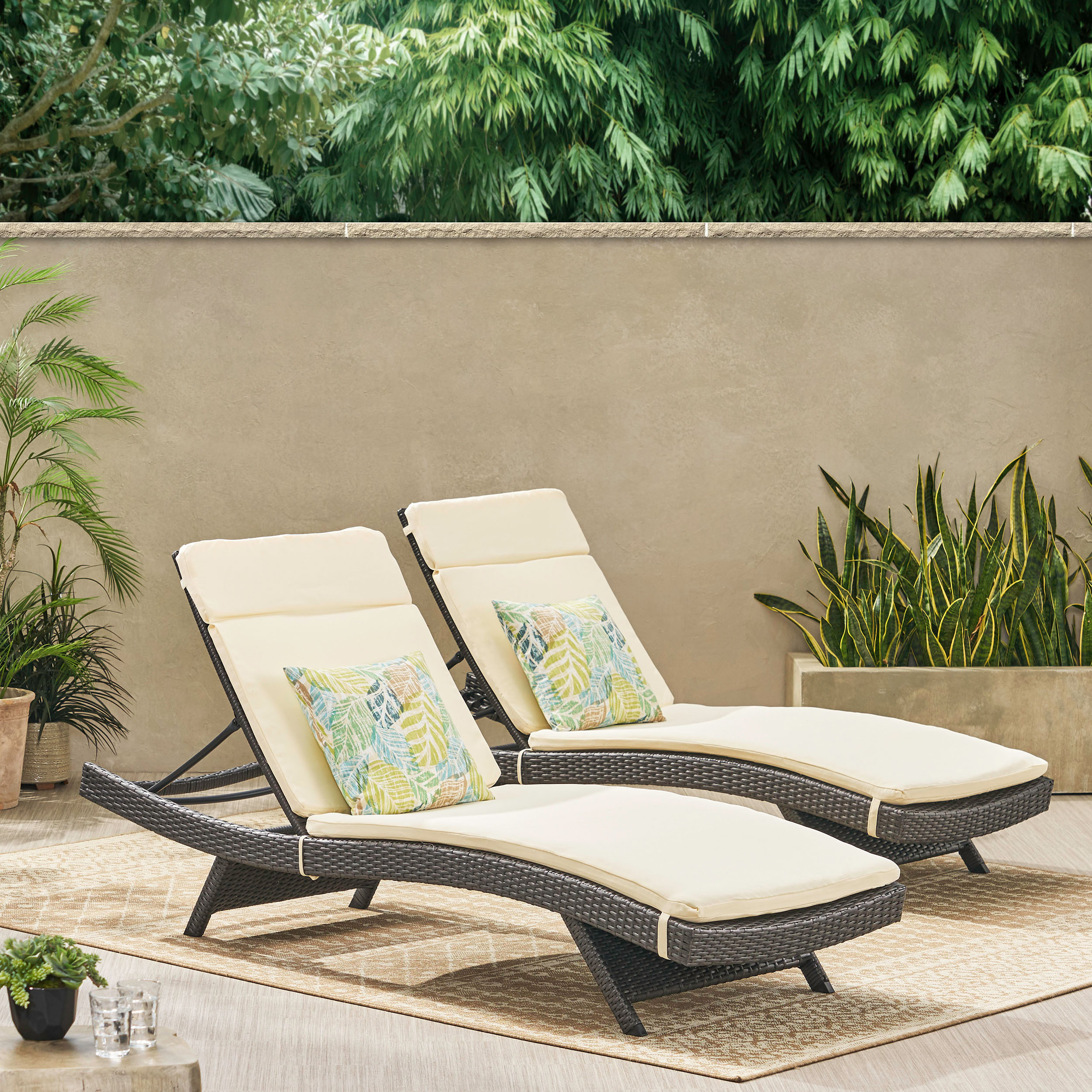 Anthony Outdoor Wicker Adjustable Chaise Lounge with Cushion, Set of 2, Grey, Beige