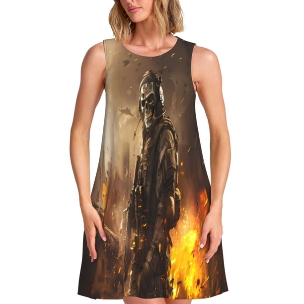 Easygdp Apocalyptic Skull Soldier para Vestido Transpirable de Mujer, Vestido Suelto de Manga Corta con Pliegues y Bolsillos para el Verano
