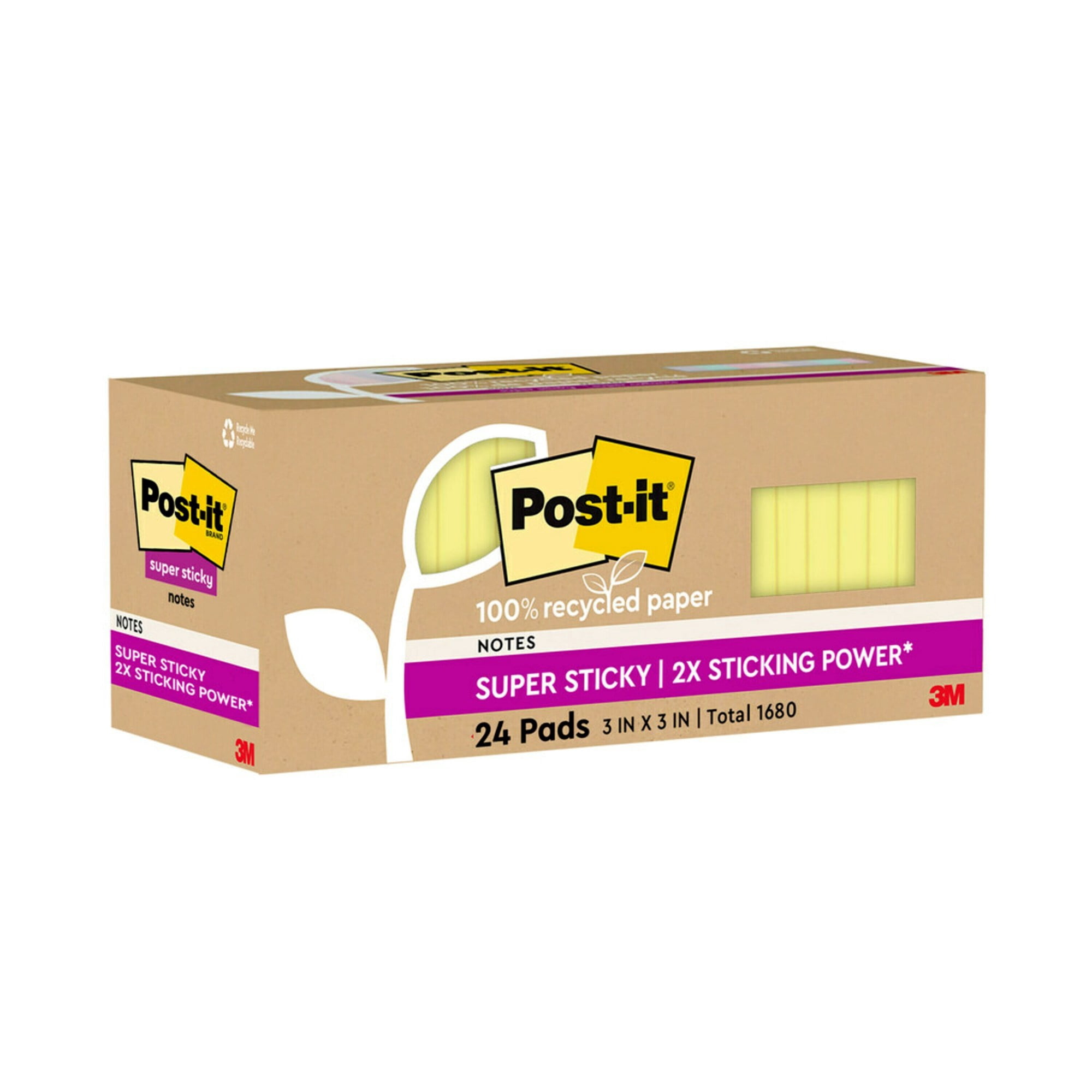 Postit® 100 Recycled Paper Super Sticky Notes, 3 in x 3 in, Canary