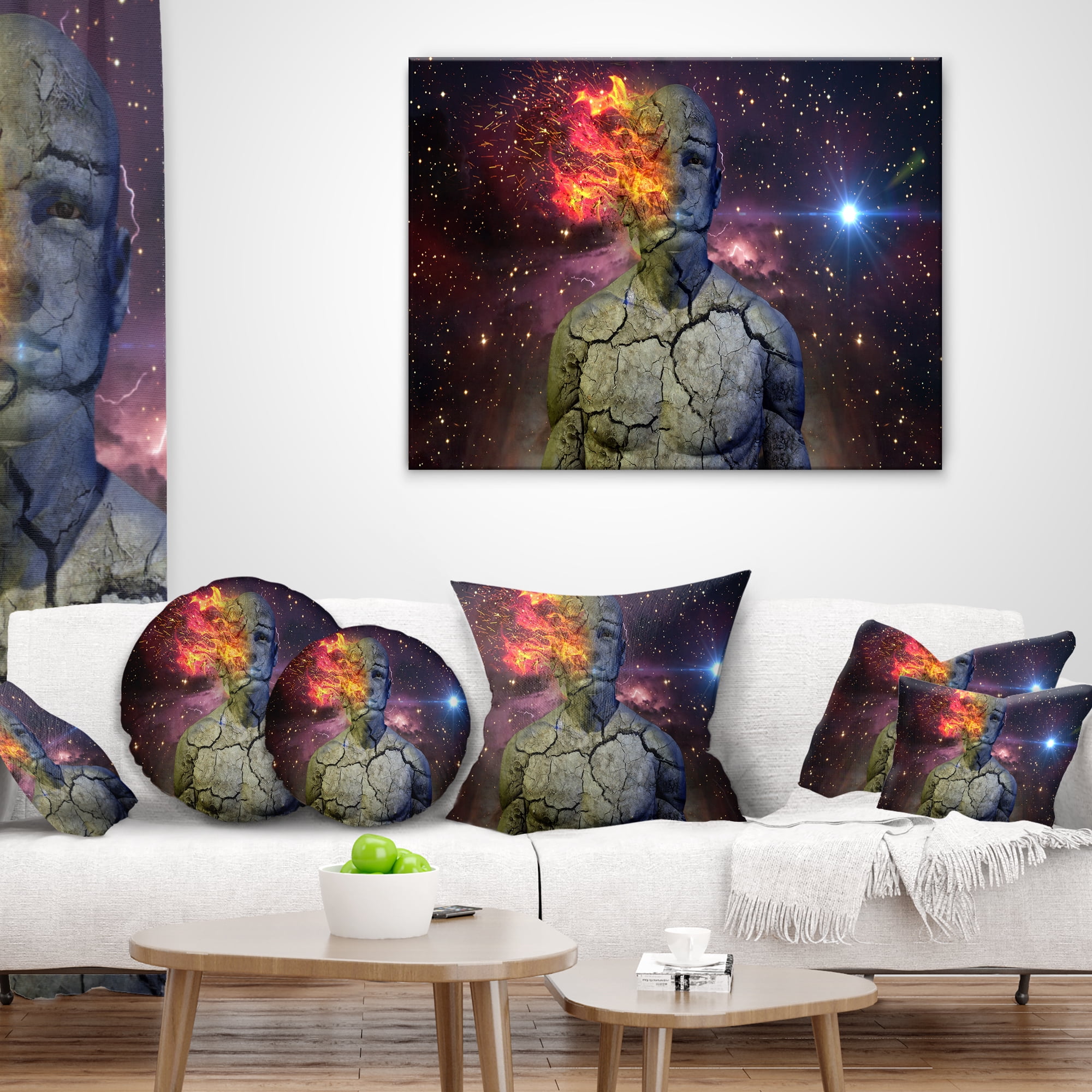 Designart Broken Human Body with Fire - Contemporary Throw Pillow - 12x20