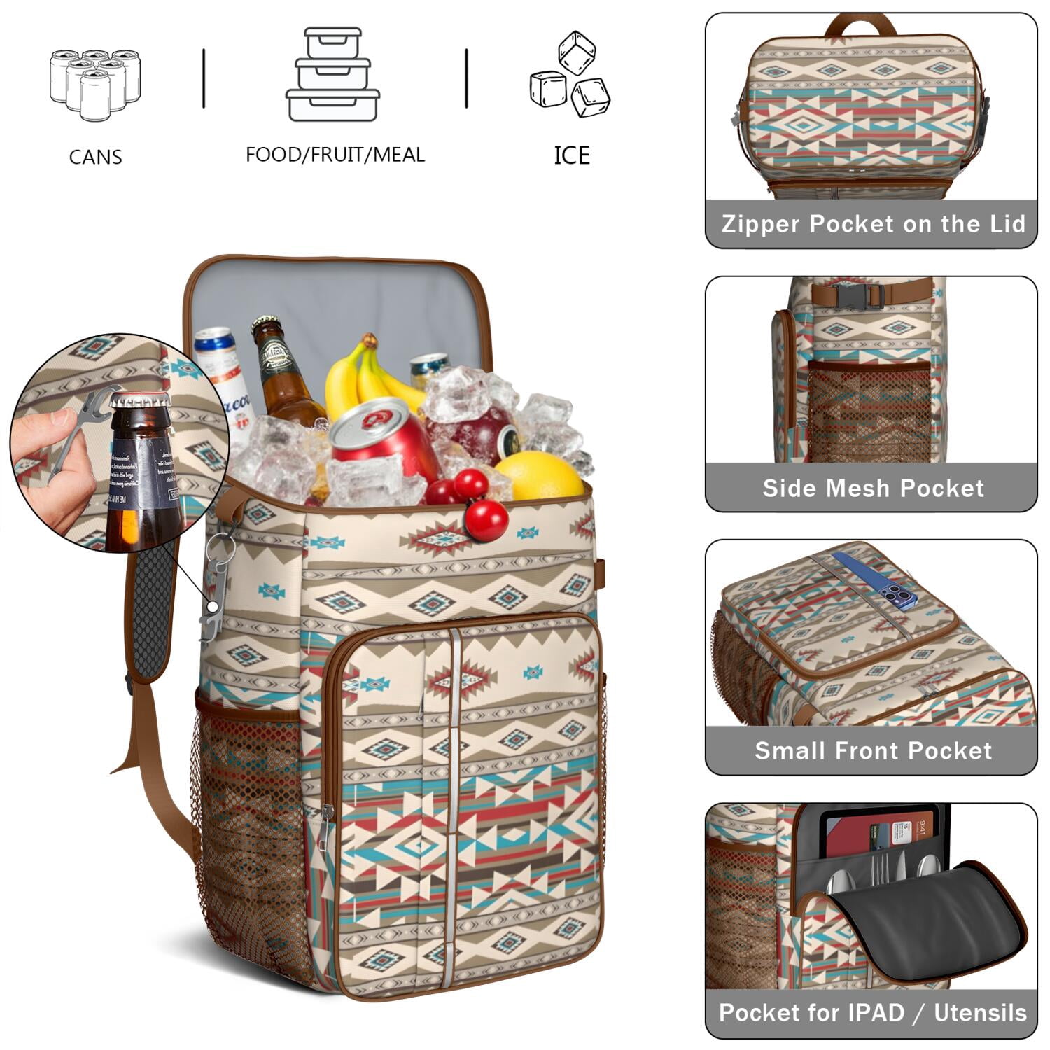 Travel Cooler Bag - Boho Bohemia Pioneer Flower Geometric Line Art Camping Beer Cooler Backpack with Bottle Opener- Waterproof Insulated Picnic Backpacks - Cooler Bag for Beach