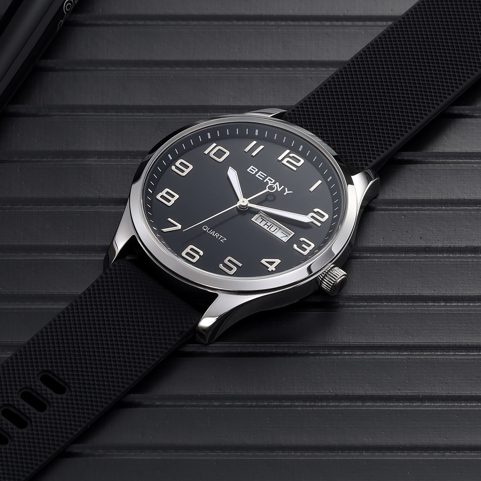 BERNY Modern Quartz Watch for Men Casual Easy Read Wristwatch with Arabic Numeral Watch Dial, Silicone Strap and Day & Date Calendar-Black Dial