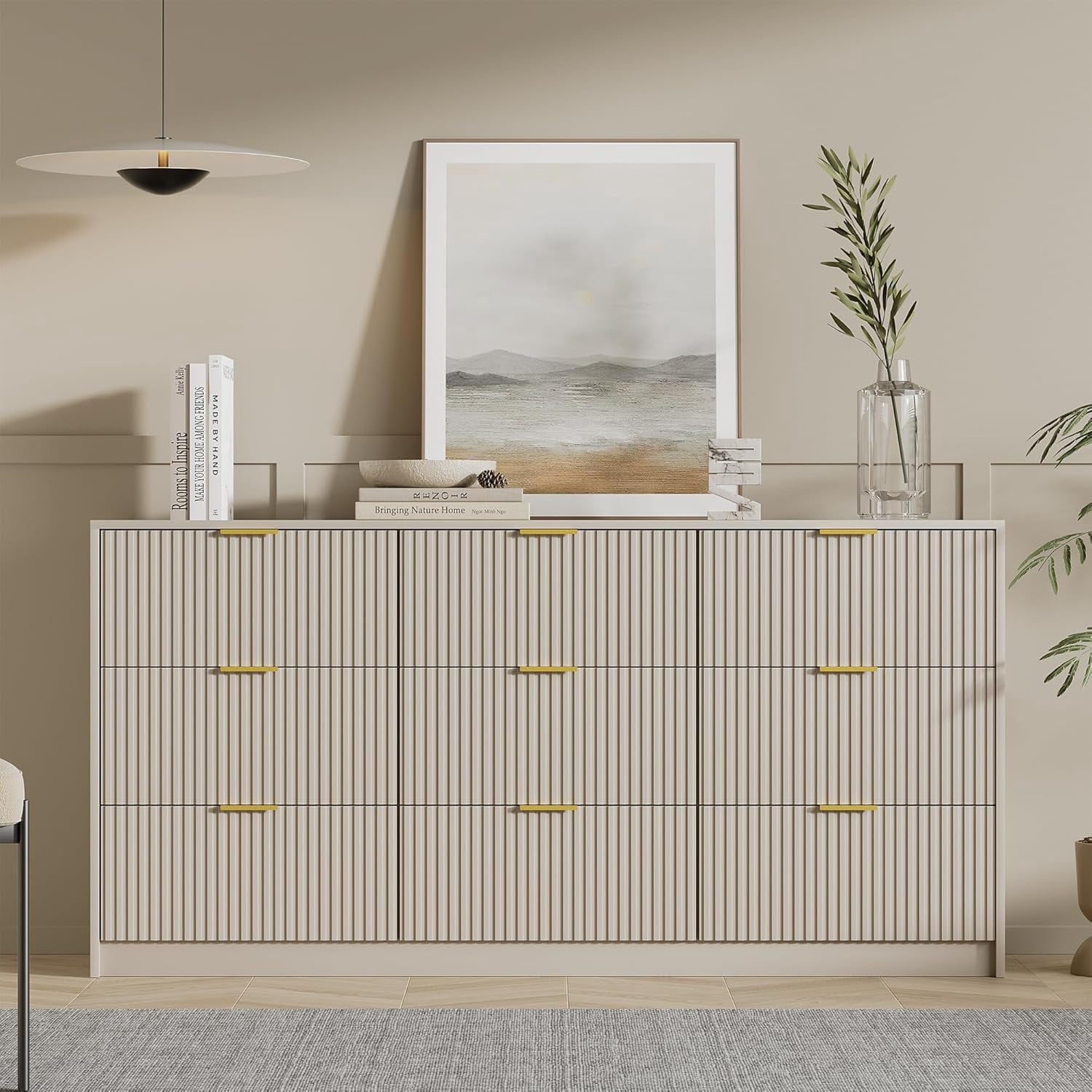 Beige Dresser for Bedroom, Modern Dresser with 9 Drawers and Smooth Slides, Wide Chest of Drawers with Golden Handles for Bedroom, Living Room, Closet, 15.7" D x 63" W x 31.5" H