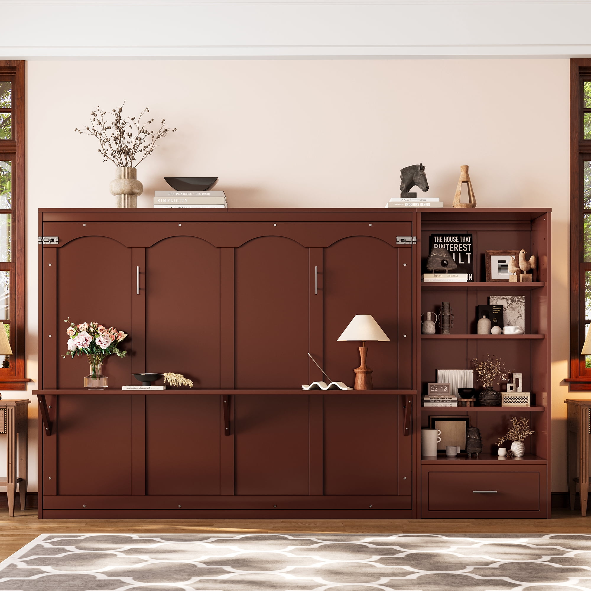 Mintazer Queen Murphy Bed with Reversible Storage Cabinet, Multifunctional Foldable Platform Bed with Adjustable Shelves & Drawer for Guest Room Bedroom, Walnut