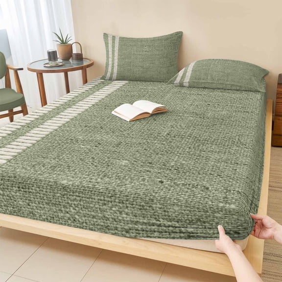 King Size Fitted Sheet Set - Sage Green Texture 3 Piece Bedding Sets 16" Deep Pocket Fitted Sheet with 2 Pillowcases, Country Farmhouse Burlap Stripes Brushed Microfiber Hotel Luxury Bed Sheets