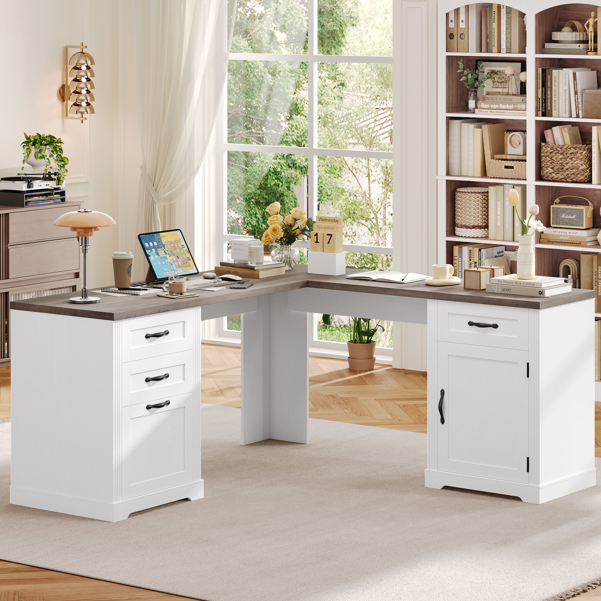 Homfa 59.8‘’W L-Shaped Computer Desk with 4 Drawers and Outlets, Modern White Study Writing Table Desk for Home Office，White