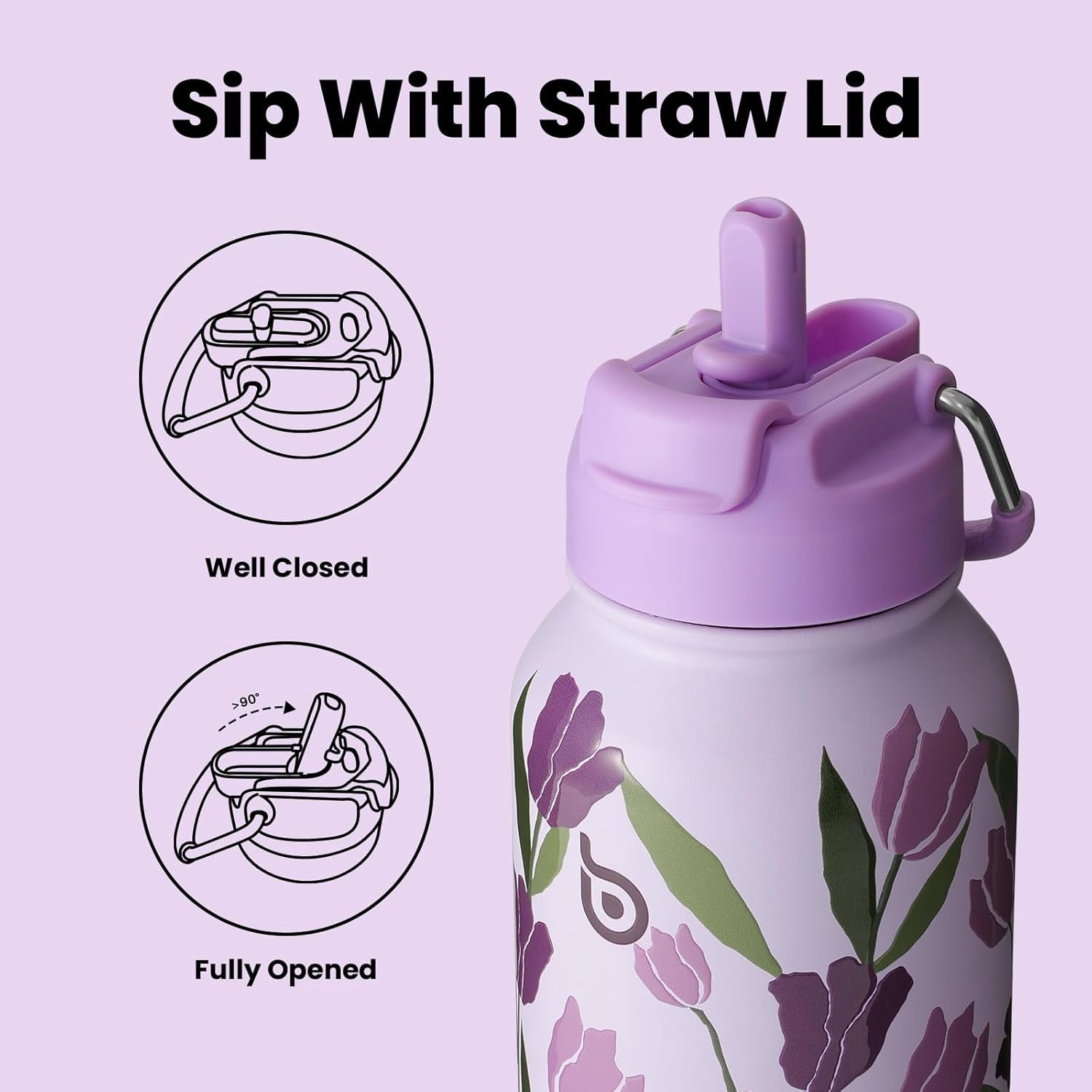 BOTTLE BOTTLE 32 oz Insulated Water Bottle Stainless Steel Sport Water Bottle with Straw Dual-use Lid Design for Gym with Pill Box (Purple Tulips)