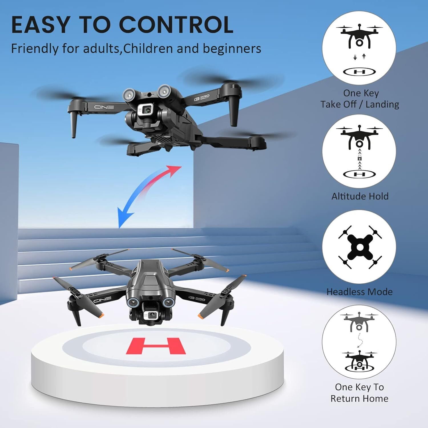 TOPCHANCES I3 PRO FPV Drone with 4K Dual Cameras, RC Quadcopter for Kids Adults with Altitude Hold, One Key Landing, Obstacle Avoidance, Headless Mode, 2 Batteries (Black)