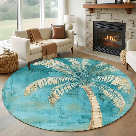 Green Tree Coastal Beach Round Area Rug 5 FT, Non Slip Bedroom Rugs, Vintage Tropical Plant Washable Soft Circular Carpet Non-Shedding Floor Mat for Kitchen Dining Room Foyer Balcony Dorm