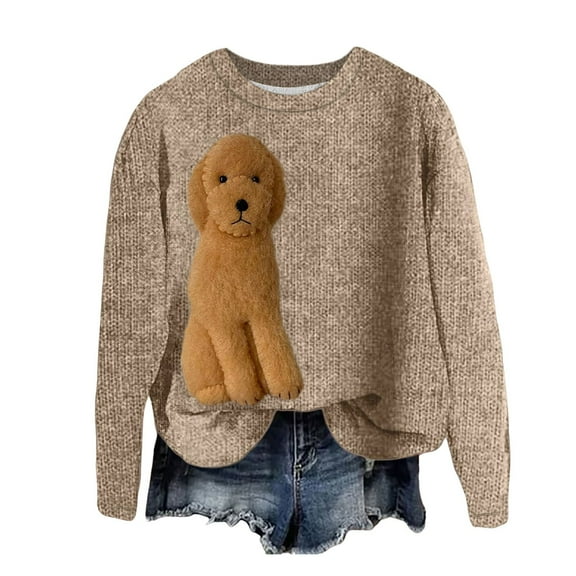 Wang6 Womens Plus Size Christmas Tshirts Long Sleeve Cute Dog Printed Sweaters Causal Loose Fit Crew Neck Pullovers Tops Khaki1 XL