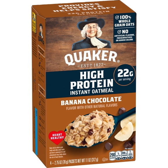Quaker High Protein Banana Chocolate Instant Oatmeal Packets, 2.75 oz (4 Count)
