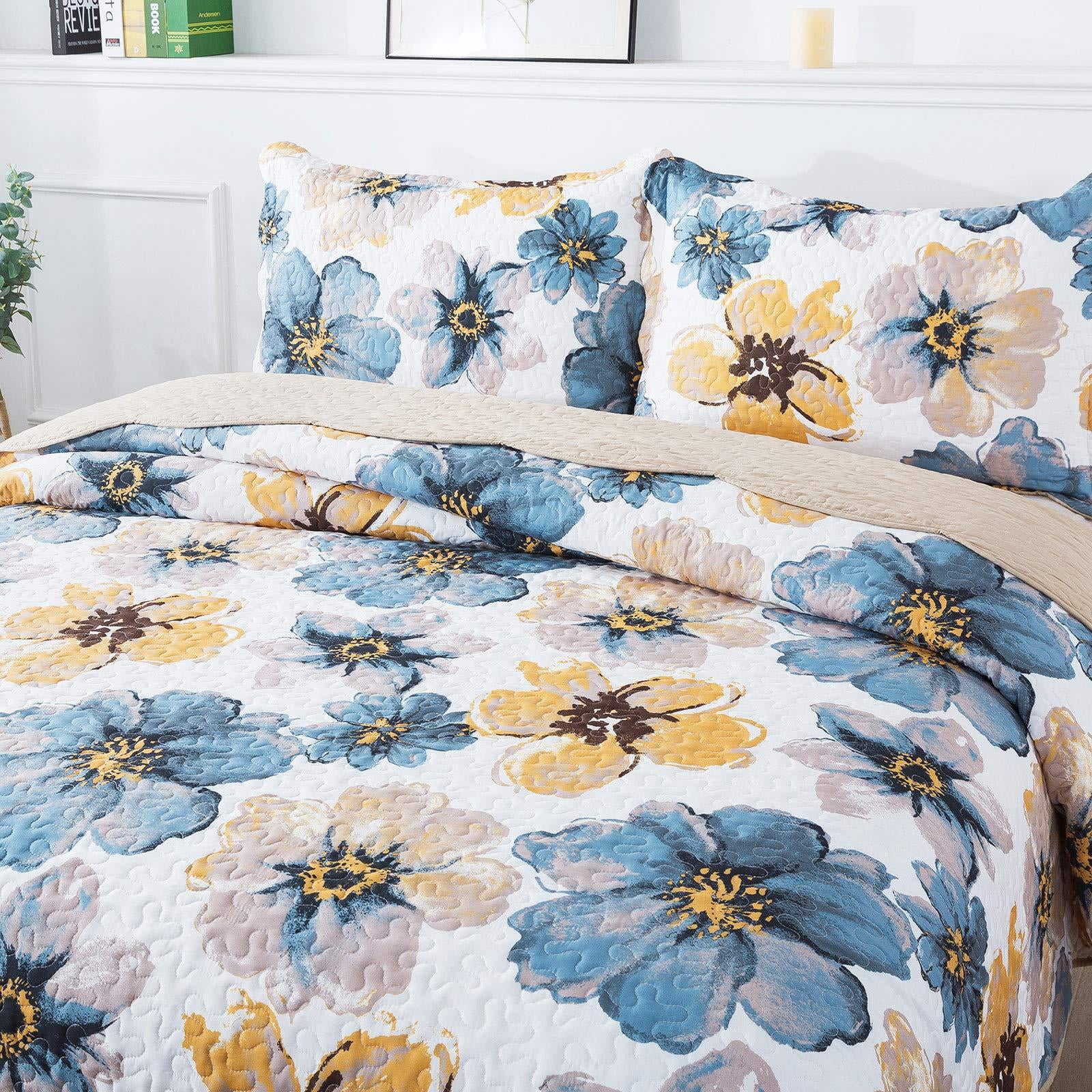 WannaToo Quilts King Size - 3 Piece Microfiber Quilt set Reversible Bedspreads Patchwork Coverlets Floral Bedding Set All Season, Blue and Glod