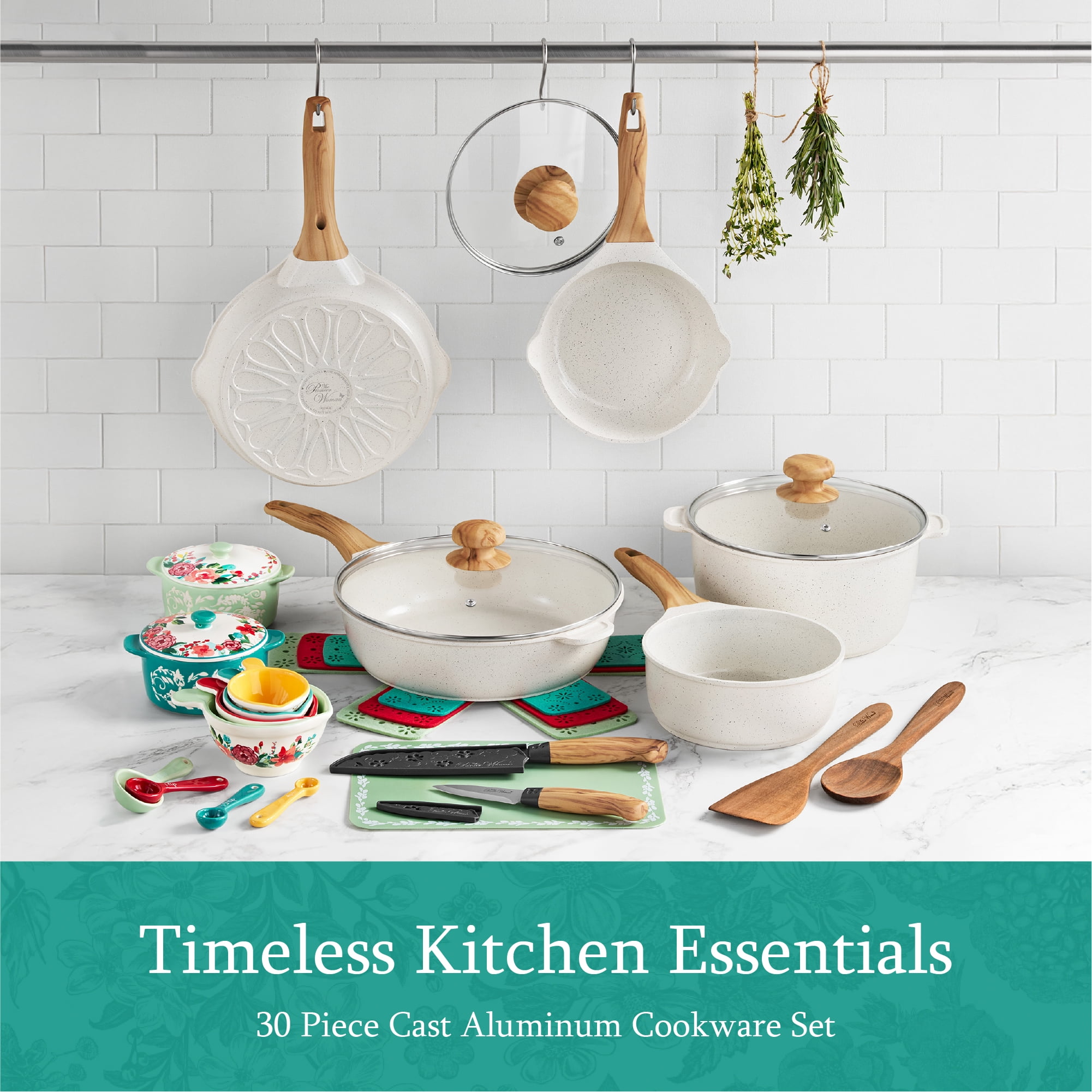 The Pioneer Woman Prairie Signature 30Piece Cast Aluminum Cookware Set, Linen Speckle  (图2)