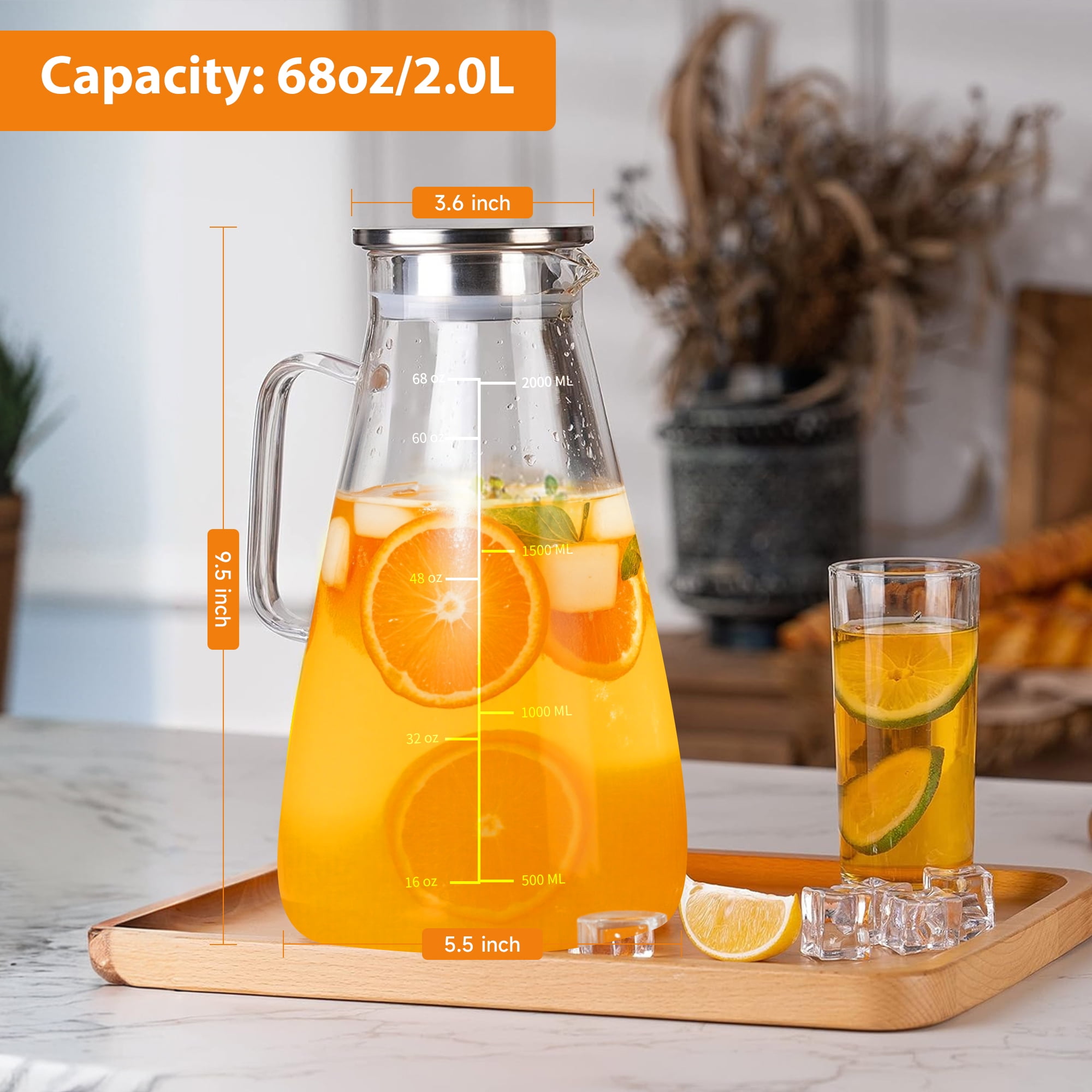 ALLJOY Glass Pitcher 74oz with Lid Handle Spout 2.2L Borosilicate