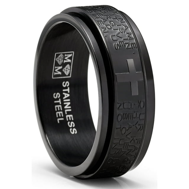 Bague Fidget en Acier Inoxydable pour Hommes, Prière du Seigneur, Bande Anti-Anxiété Noire 8MM