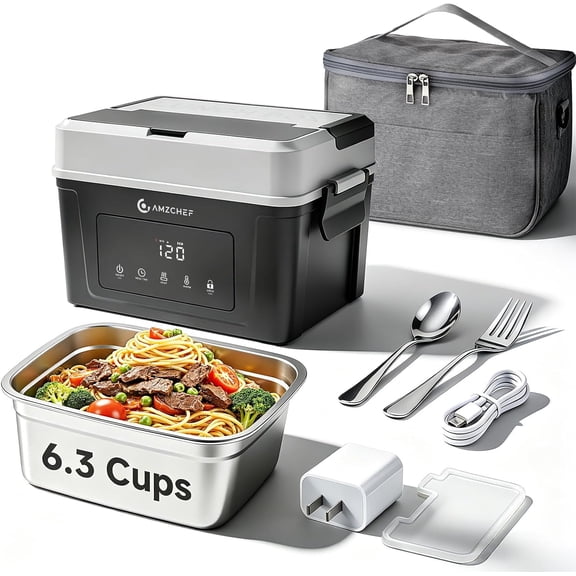 AMZCHEF Electric Food Warmer Lunch Box Portable Cordless Fast Heating Rechargeable Battery Leakproof Stainless Steel Plastic Reusable Lunch Boxes