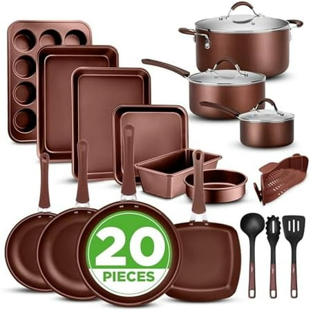 20 Piece Professional Home Kitchen Cookware and Bakeware, Pots and Pans Set Non Stick Kitchenware, Cool-Touch Handles, Safe for Gas, Electric, Induction Cooktops, Easy Clean, Brown