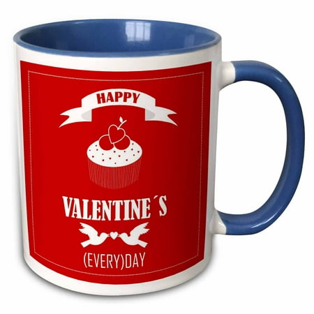 3dRose Happy Valentines Day message on red background with sweet cupcake - Two Tone Blue Mug,