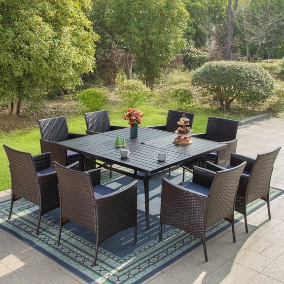 SUMMIT LIVING 9-Piece Outdoor Patio Dining Set, Square Patio Table and Wicker Chairs with Navy Blue Cushion for 8 People
