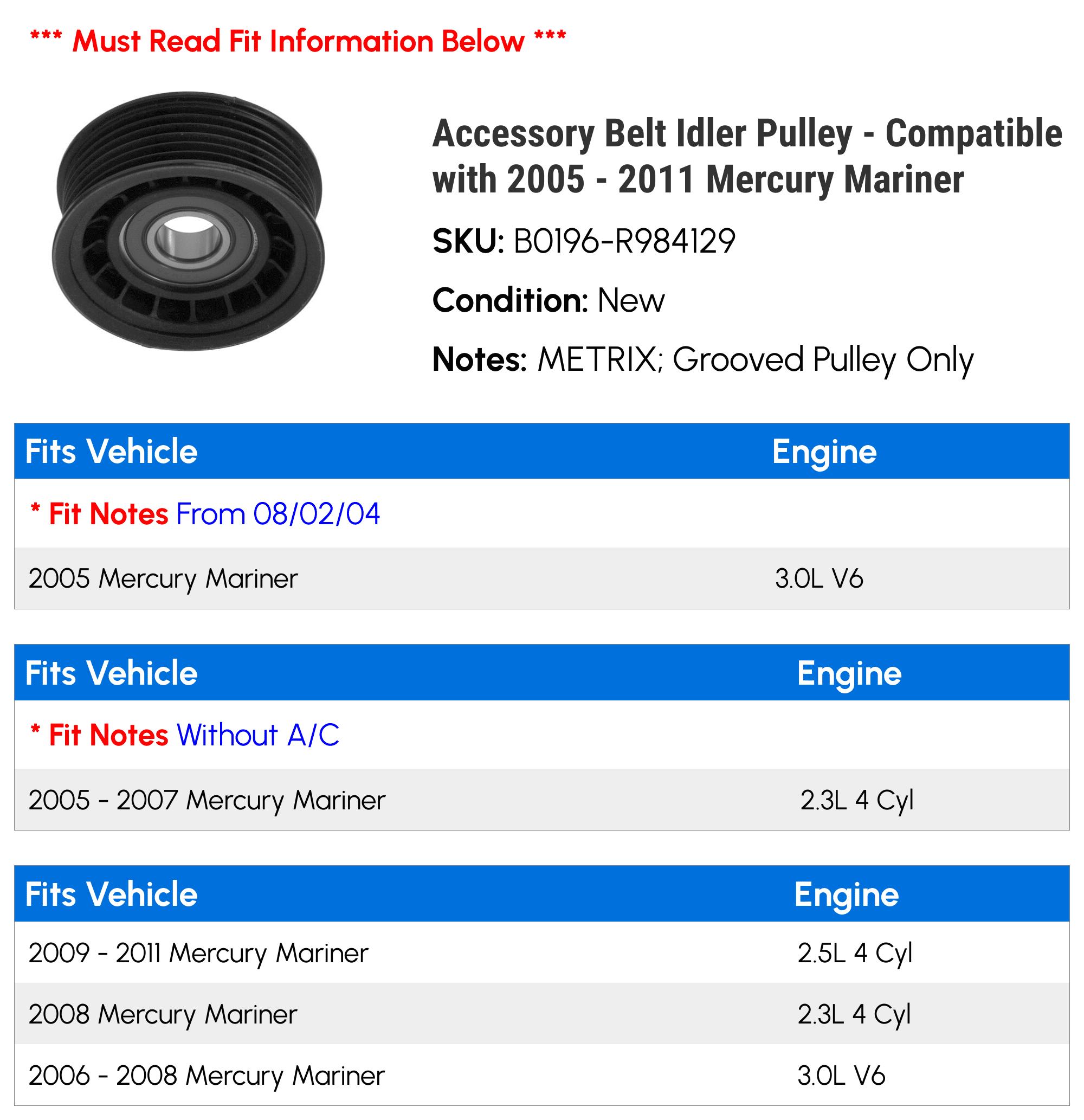 Accessory Belt Idler Pulley - Compatible with 2005 - 2011 Mercury Mariner 2006 2007 2008 2009 2010
