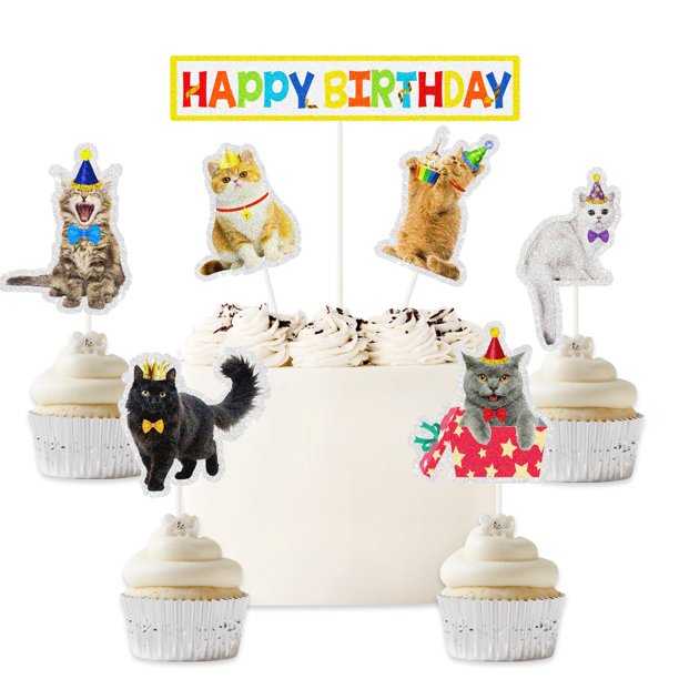 Set de decoración para tartas con forma de gato, feliz cumpleaños, 7 piezas, Let's Pawty Party