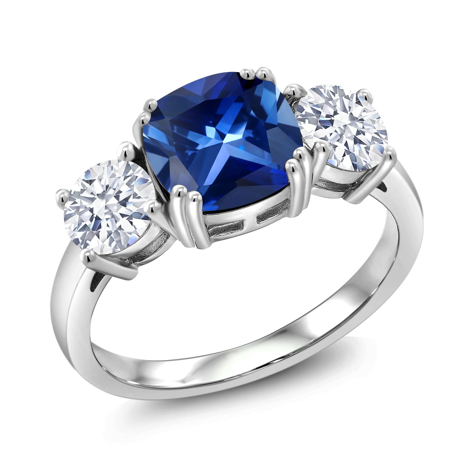 4.00 Ct Blue Simulated Sapphire Engagement Ring for Women | 925 Sterling Silver | Gemstone Birthstone | Cushion 8MM and Round 5MM | Three Stone Wedding Anniversary Promise Ring (Size 6)