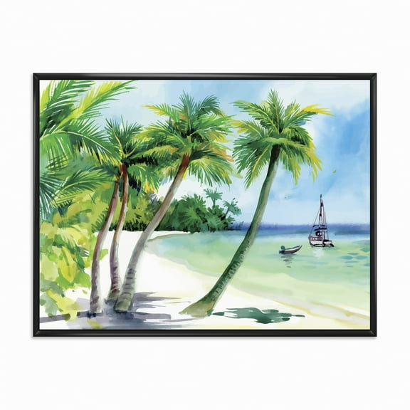 Designart 'Palm Trees With Summer Beach' Nautical & Coastal Framed Canvas Wall Art Print