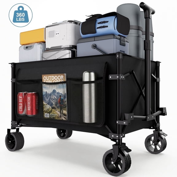 Favoyard Collapsible Wagon Cart, Portable Utility Wagon with All-Terrain Wheels and Brakes, for Camping, Grocery, Garden, 150L and 360lbs, Black