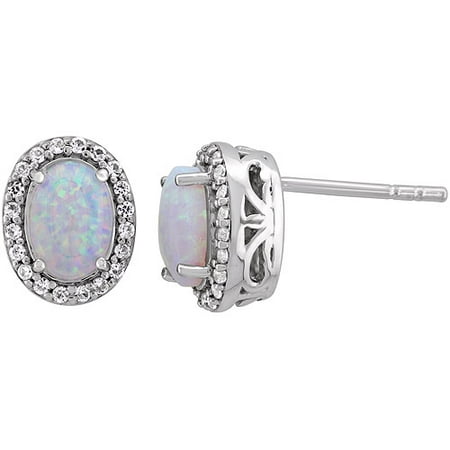 Created Opal and White Sapphire Oval Halo Stud Earrings
