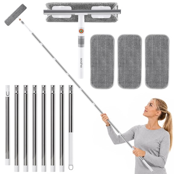 Maoface Window Squeegee with Long Handle, 2-in-1 Window Cleaning Tool with Scrubber, 360° Rotating Head and 4 Microfiber Cloths