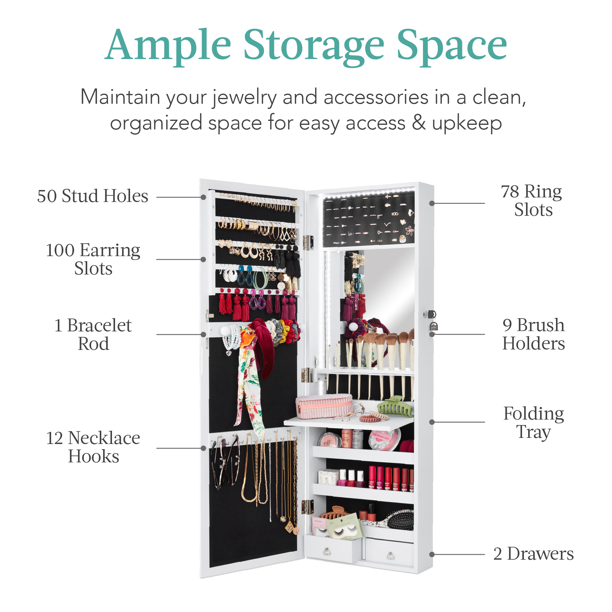 Best Choice Products LED Jewelry Armoire with Mirror, White photo 4