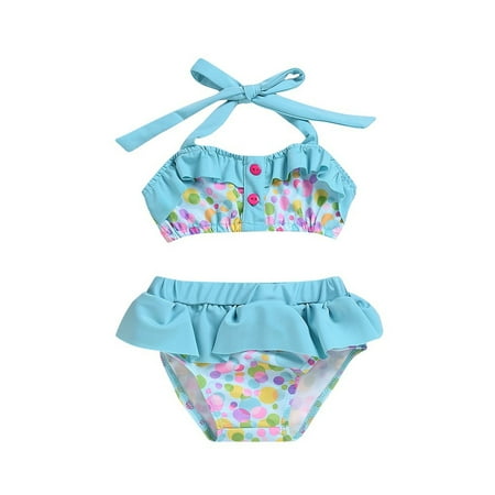 

B91xZ Girls Swimsuits Bikini Baby Kids Girls Summer Ruffle Suspender Dot Printed Bikini Swimwear Swimsuit Set Light Blue Sizes 6-12 Months