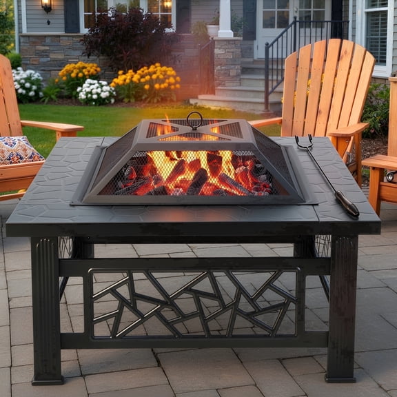 32" Fire Pit Table, UHOMEPRO 3-in-1 Outdoor Fire Pit with BBQ Grill, Mesh Lid & Cover, Modern Metal Square Wood Burning Fire Pit for Outside, Backyard, Patio & Camping