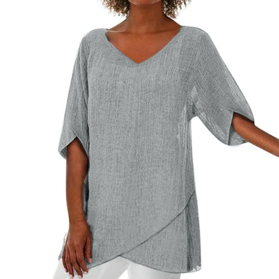 UAMVSH Plus Size Shirts for Women Trendy Petal Half Sleeve Tops with Irregular Hem Lightweight Beach Vacation Blouses Clothes(X-Large,Gray)