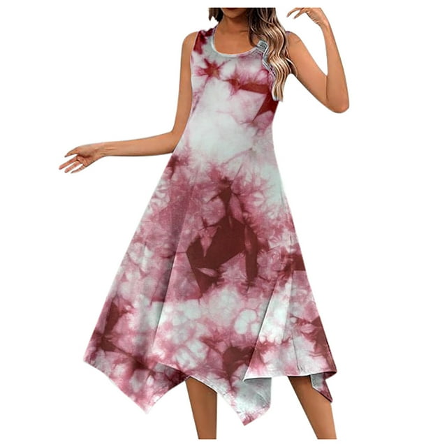 asddcavvf Robes pour Femmes Robe d'Été Décontractée Sans Manches Imprimée Teinture sur Nœuds Ourlet Mouchoir