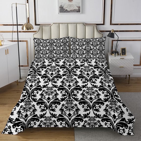 Boho Floral Quilt Set Victorian Twin Bedspread Set for Girls,Gothic Paisley Coverlet Set Baroque Vintage Damask Goth Quilted,Black White Antique Exotic Flowers Bohemian Decor