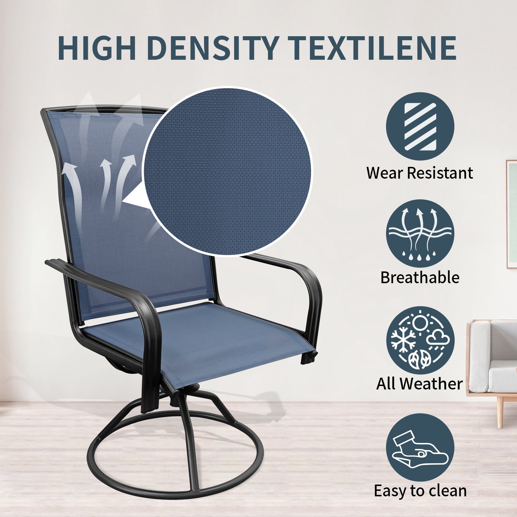Set of 2 Patio Swivel Dinning Chairs: 360°Swivel & 15° Rocking Motion, Ergonomic High-Back with Weatherproof Teslin Fabric & Metal Frame for Backyard, Poolside, Garden & Porch