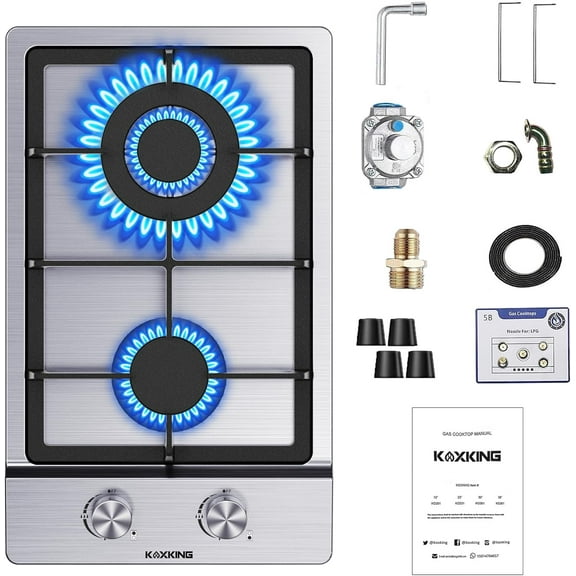 KOXKING 12 Inch Gas Cooktop, 2 Burner Drop-in Stove, Dual Fuel NG/LPG Convertible for RVs, Apartments & Small Kitchens, Stainless Steel with Thermocouple Protection