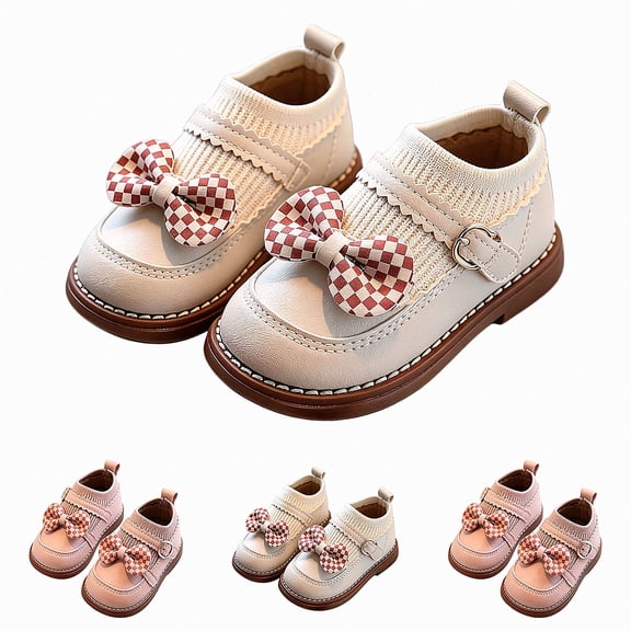 Viluyesy Girls Mary Janes Kids Checkered Bowknot Knit Strap Shoes Beige Size 6 Toddler