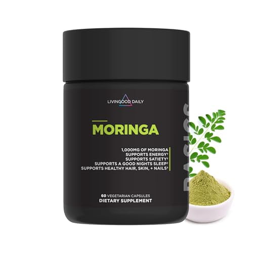 Livingood Daily Moringa Capsules, Suplemento de Moringa para energía, sueño, saciedad, cabello, piel, uñas y bienestar, vegetariano a base de plantas, sin gluten, sin OGM, vegano, superalimento diario