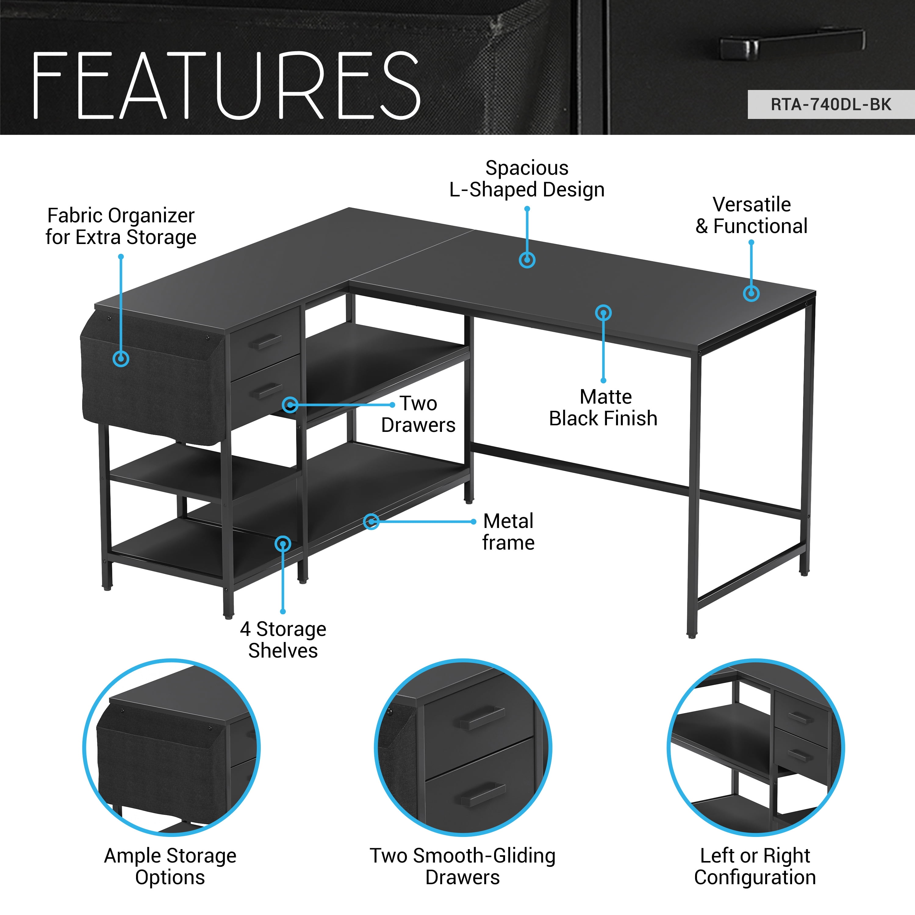 Modern L-Shaped Desk with Storage, Corner Computer Desk for Home & Office with, 2 Drawers, Open Storage Shelves, Fabric Organizer & Sturdy Metal Frame, Black