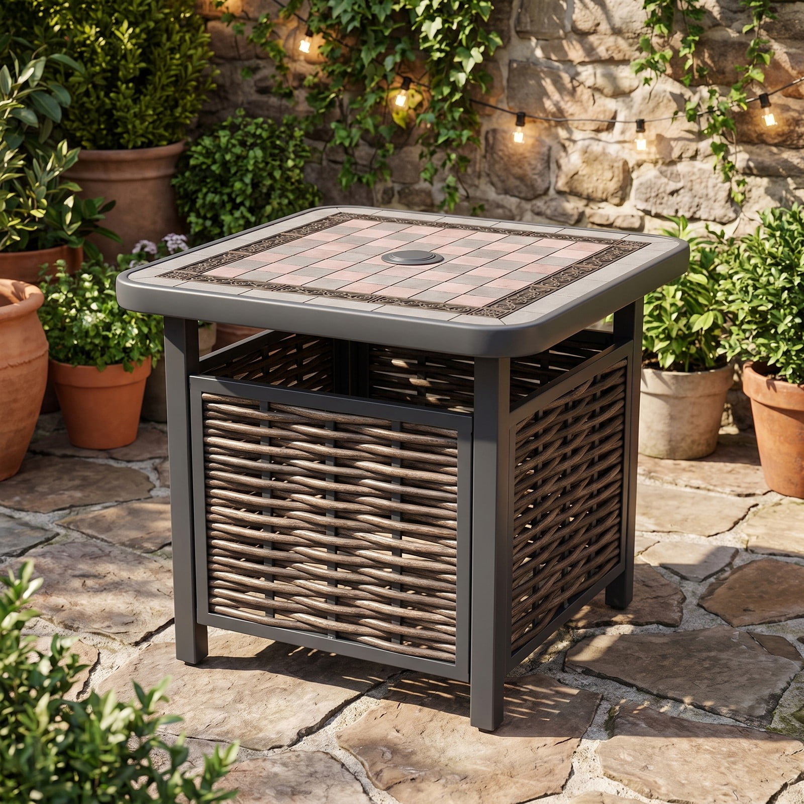 Furnibear 21.5 Inch Square Outdoor PE Rattan Patio Side Table with Umbrella Hole for the Backyard and Poolside, Black and Brown