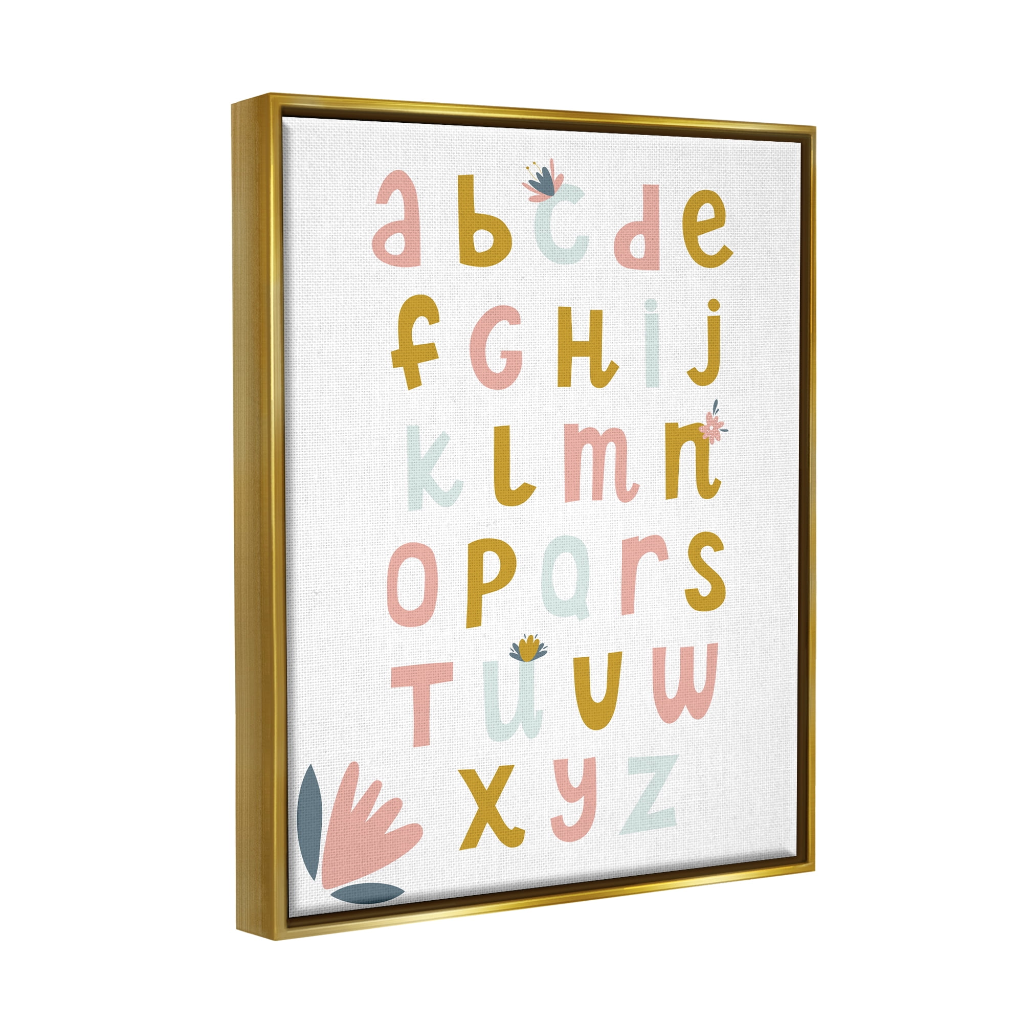 Stupell Industries Muted Tones Floral Alphabet Typography Painting Gold Floater Framed Canvas Art Print Wall Art, 17 x 21