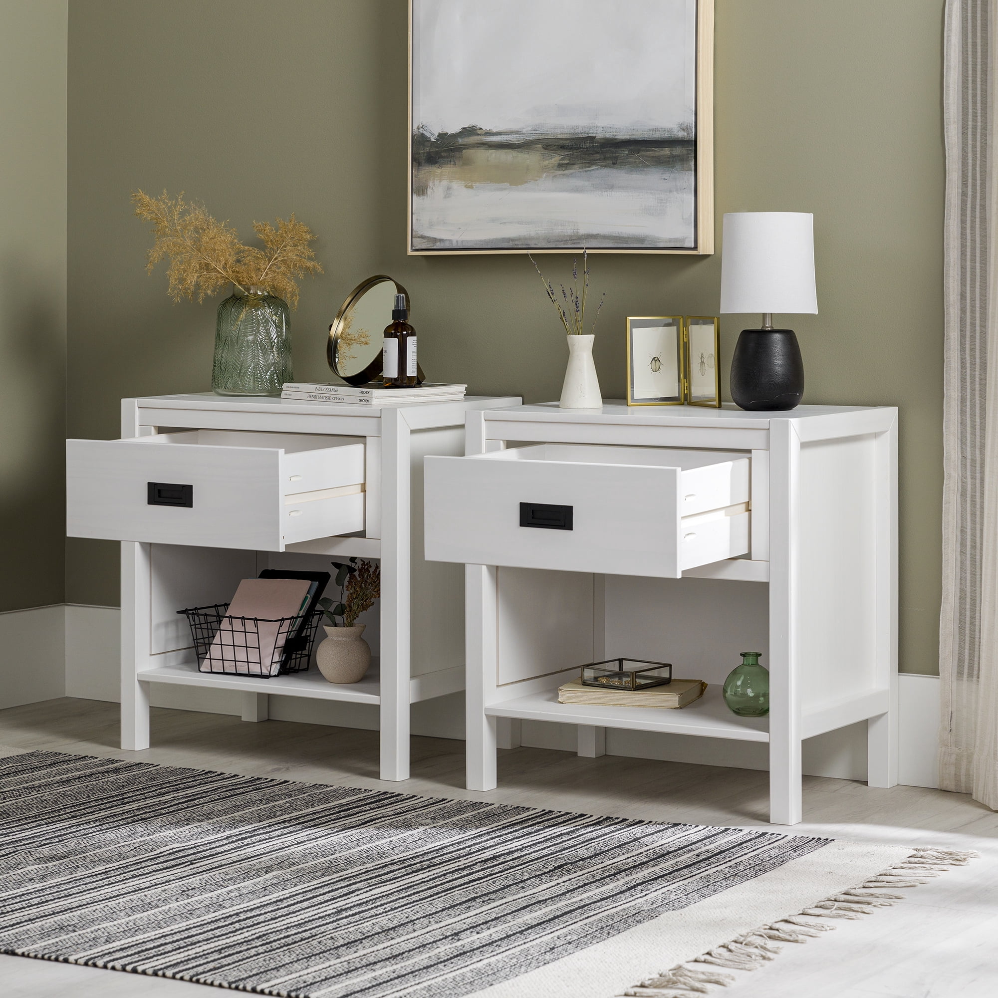 Annabelle 2 Pack One Drawer Open Storage White Nightstands by Walker Edison