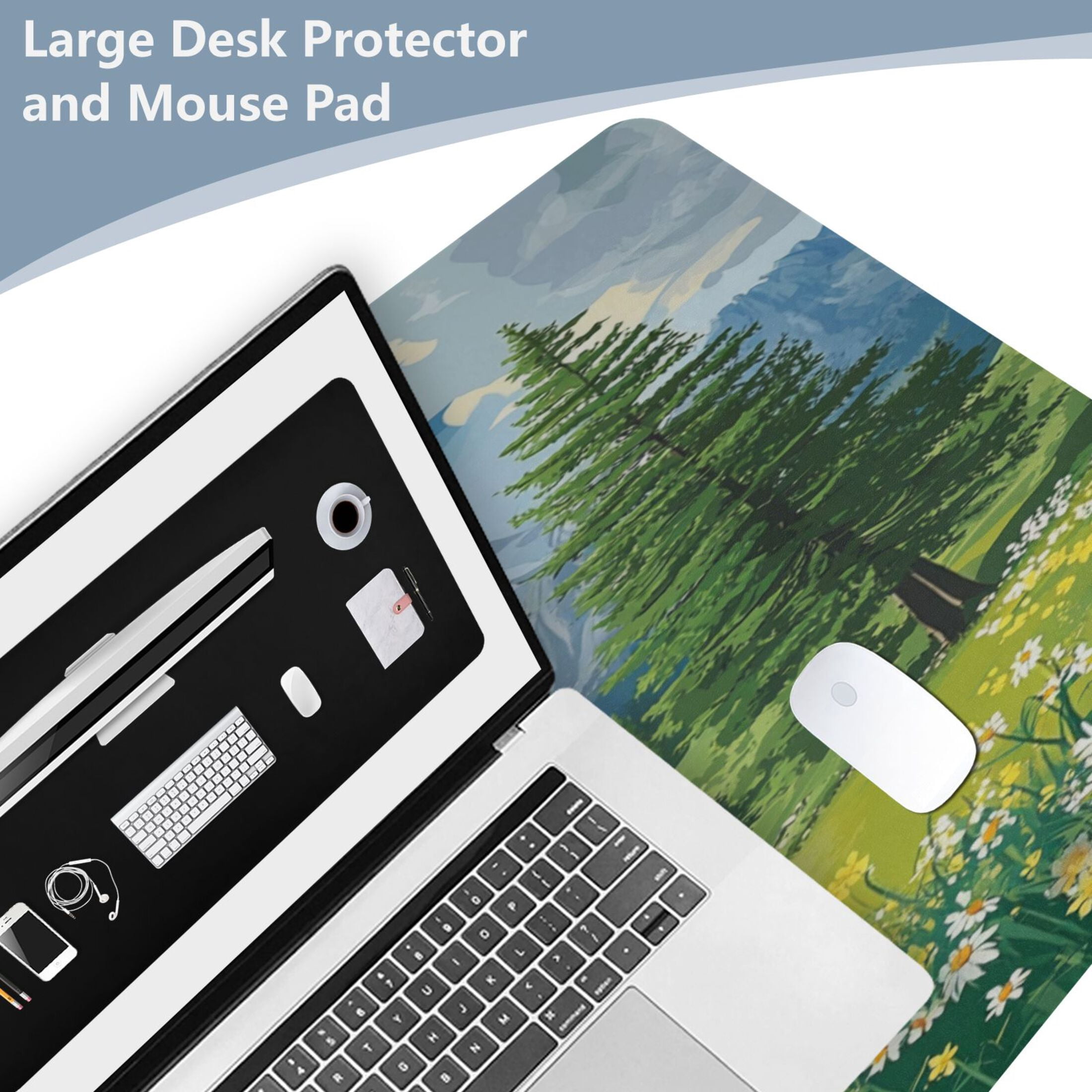 Leather Keyboard and Mouse Desk Mat Office Desk Accessories Protective Office Desk Decor Desk Pad Mat for Gaming, Work from Home, Office Summer Mountains 23.6" x 47.2"