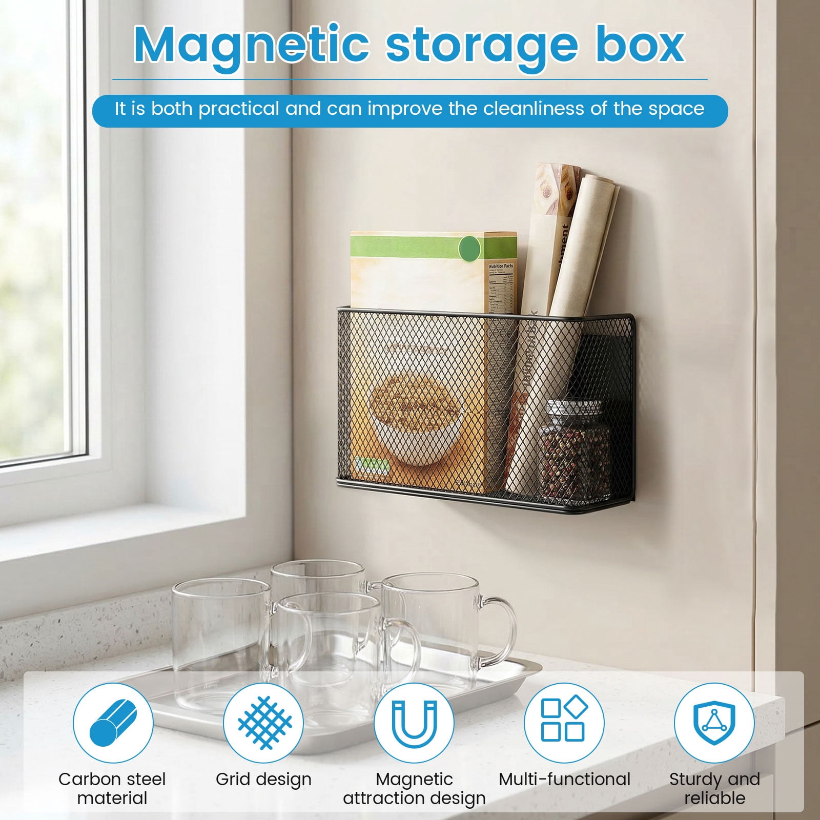 Magnetic Shelf Basket Container Organizer Holder Storage Rack Container for Fridge Whiteboard Washing Machine Home Kitchen Laundry Office School 1 Pack