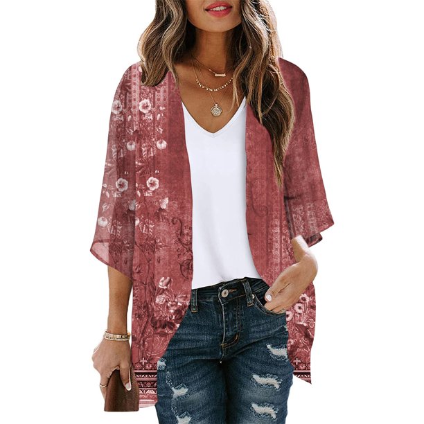 Puntoco Abrigo Cárdigan De Manga Abullonada Con Estampado Floral Para Mujer Blusa Suelta De Gasa Para Cubrir Blusas Informales Liquidación Puntoco Puntoco-1