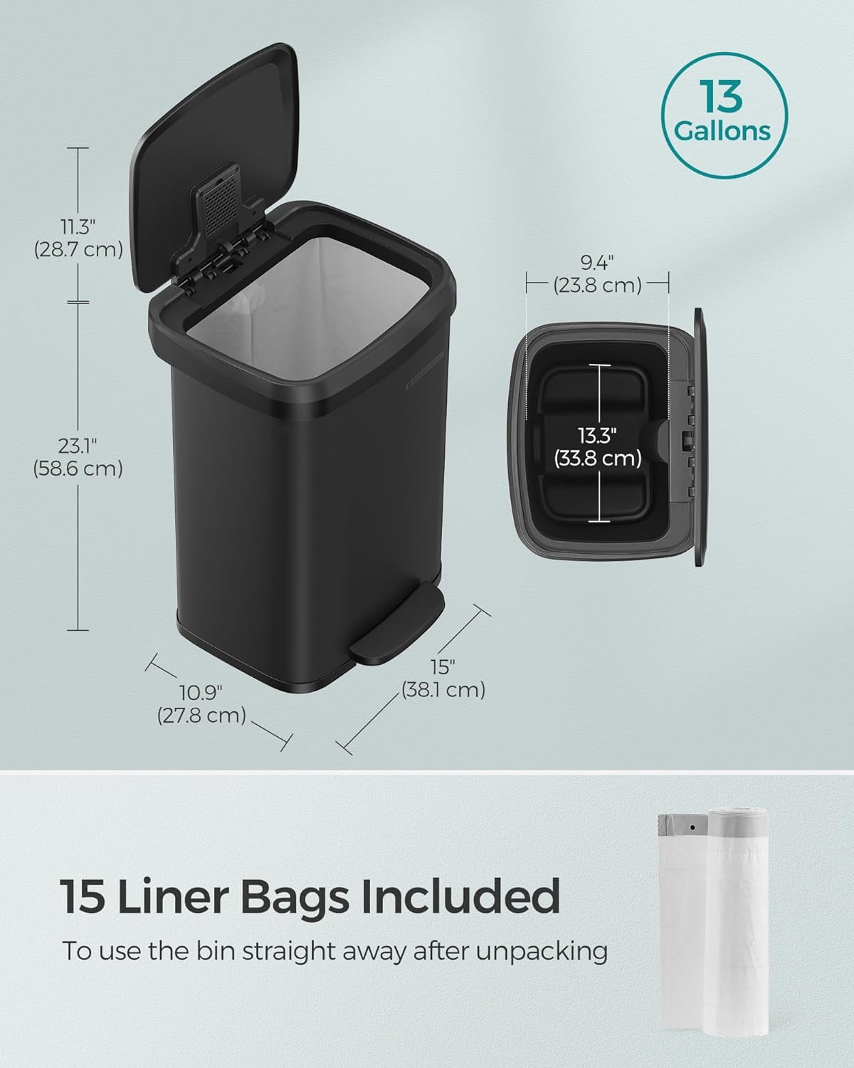 Kitchen Trash Can 13 Gallon Stainless Steel Garbage Can Recycle Bin with Stay-Open Lid and Step-on Pedal Black
