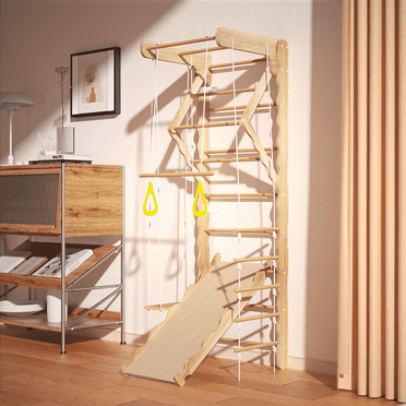 5-in-1 Wooden Indoor Jungle Gym for Kids, Wall-Mounted Swedish Ladder, Montessori-Inspired Playset, Ages 3-8